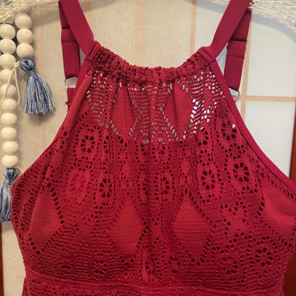 Denim and Company NWOT TWO PIECE raspberryDouble lined lace topAttached skirt - Picture 2 of 12